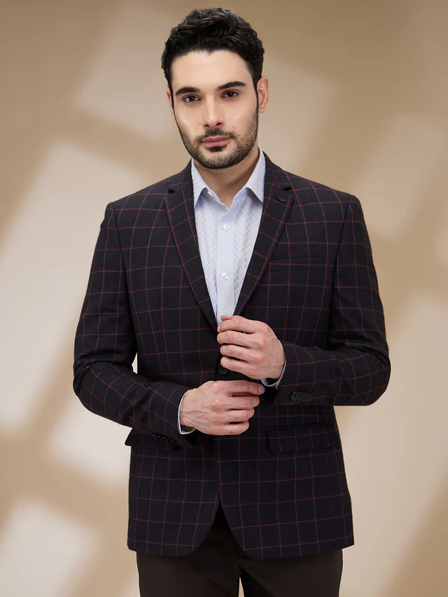Park Avenue Men Black Checks Slim Fit Polyester Blend Blazer