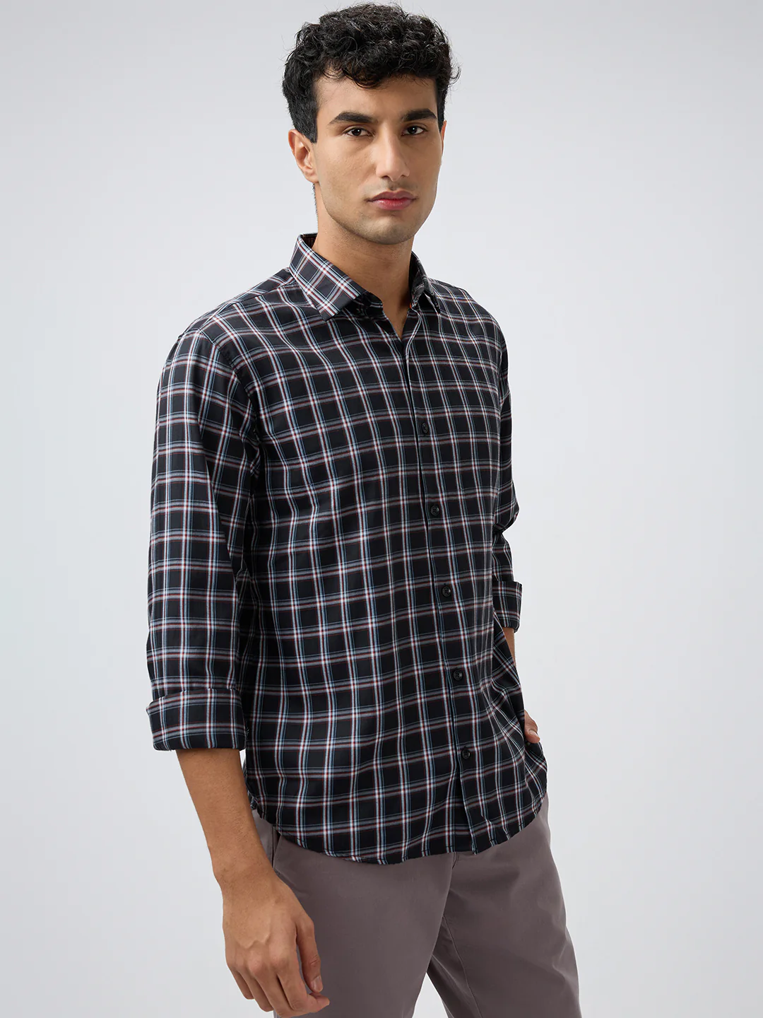 Park Avenue Men Black Checks Slim Fit Polyester Blend Casual Shirt - Image 2