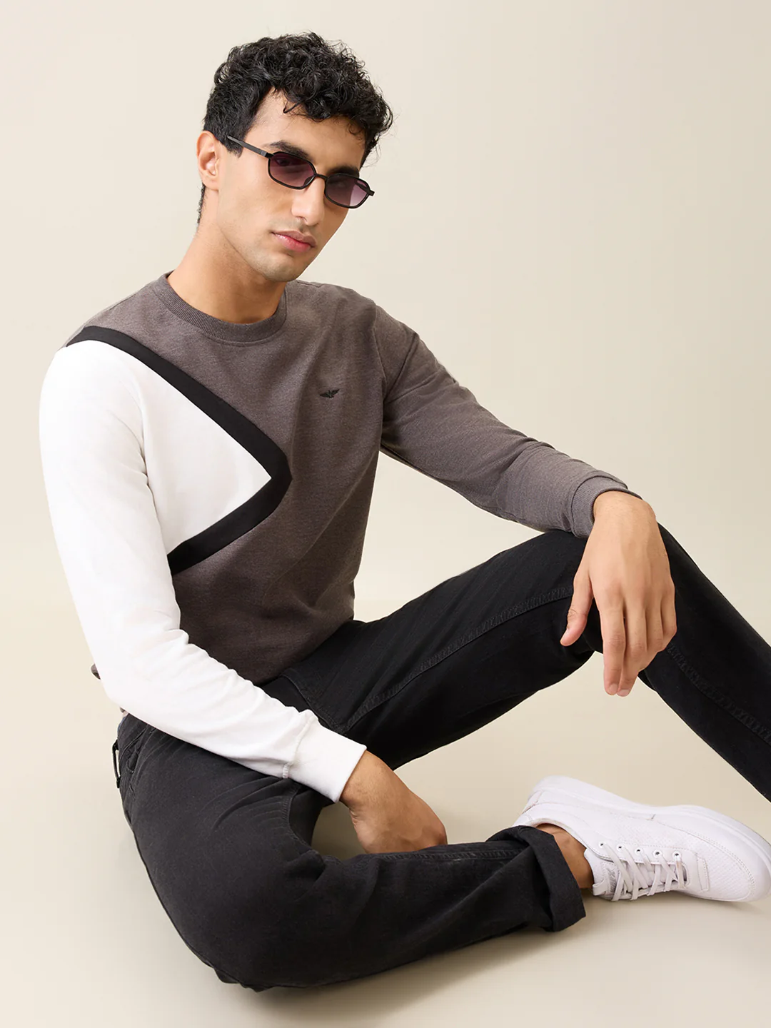 Park Avenue Men Black Cut & Sew Slim Fit Cotton Blend Crew Neck Collar Sweatshirt - Image 6