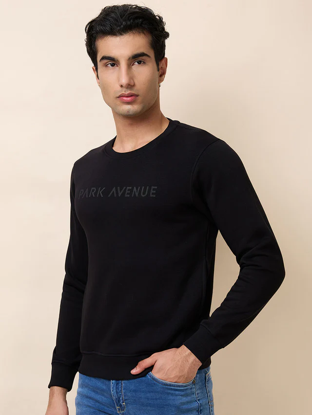 Park Avenue Men Black Grindle Fleece Slim Fit Polyester Blend Sweatshirt - Image 4