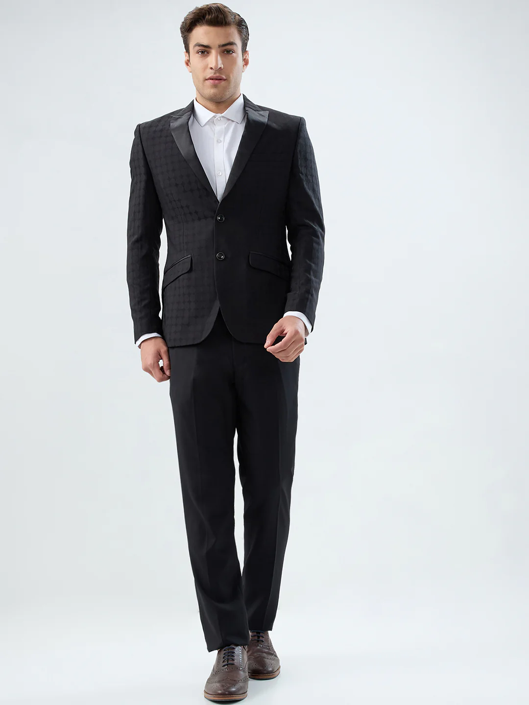 Park Avenue Men Black Jacquard Super Slim Fit Terry Blend Suit