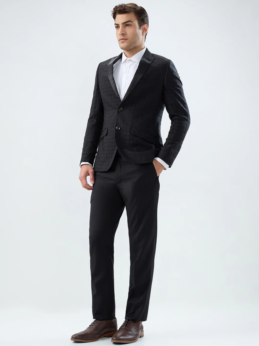 Park Avenue Men Black Jacquard Super Slim Fit Terry Blend Suit - Image 3