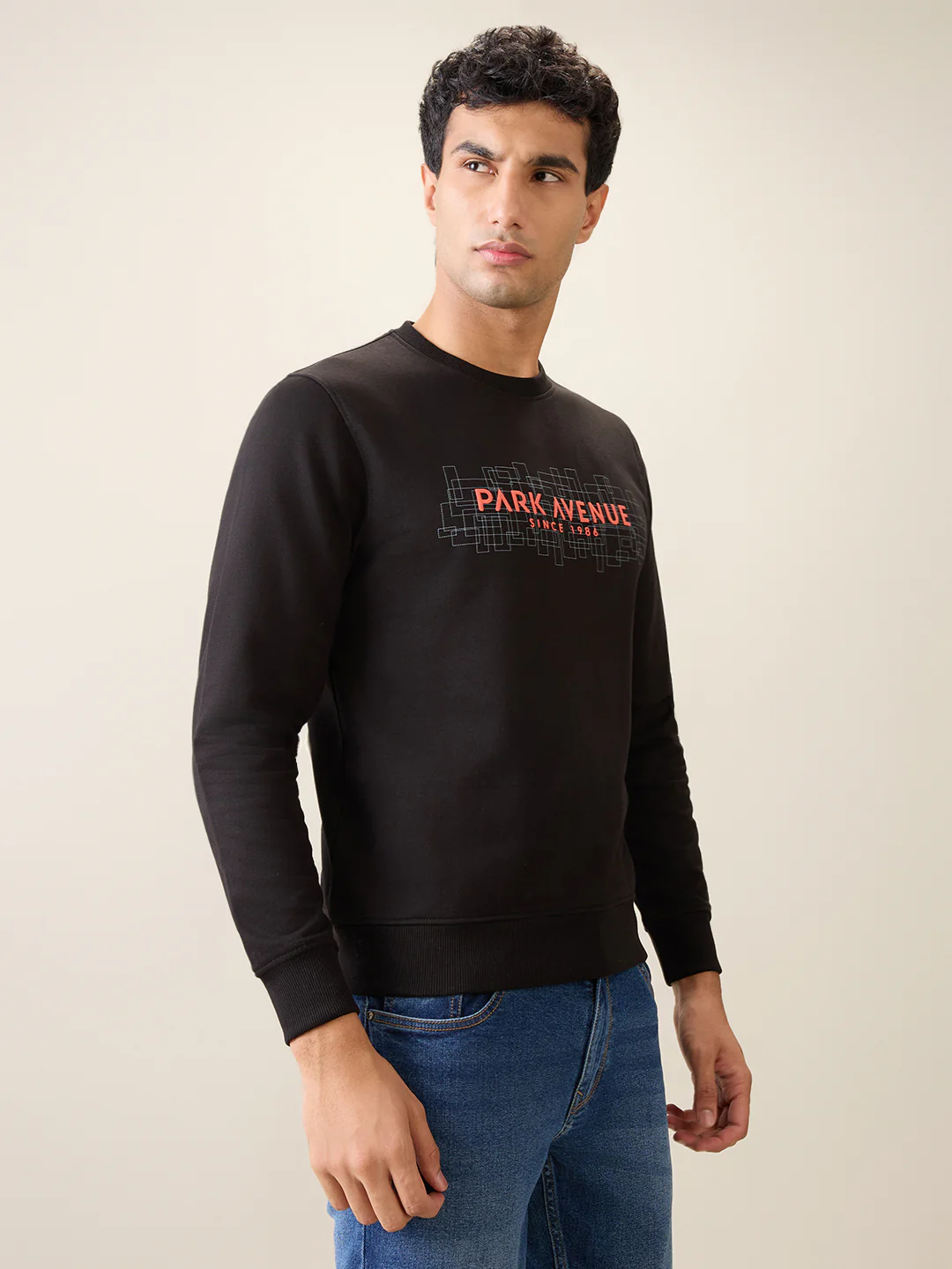 Park Avenue Men Black Printed Slim Fit Cotton Blend Round Neck Collar Sweatshirt - Image 3