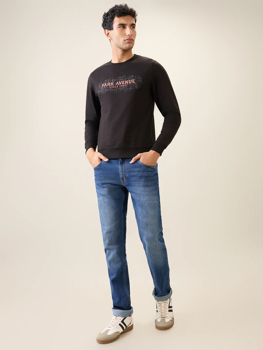 Park Avenue Men Black Printed Slim Fit Cotton Blend Round Neck Collar Sweatshirt - Image 5