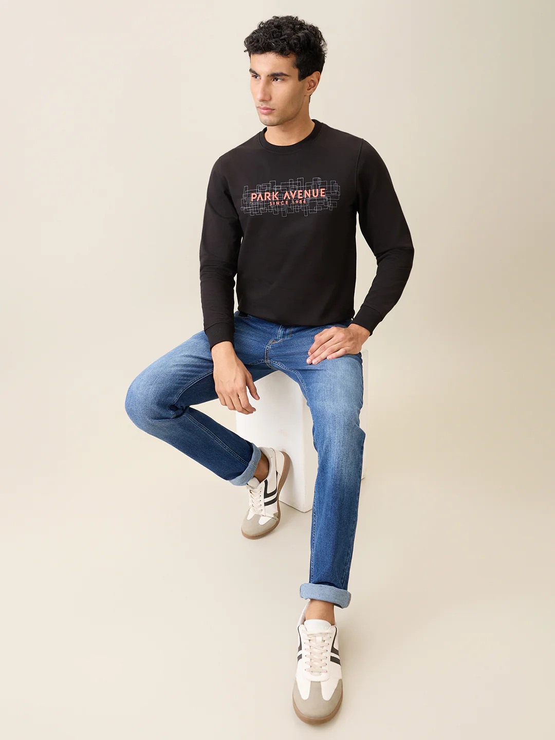 Park Avenue Men Black Printed Slim Fit Cotton Blend Round Neck Collar Sweatshirt - Image 6