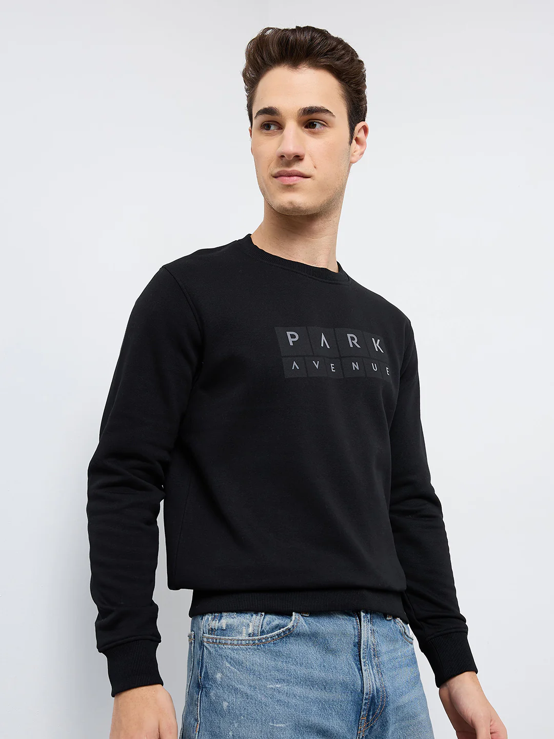 Park Avenue Men Black Printed Slim Fit Cotton Blend Round Neck Collar Sweatshirt - Image 2