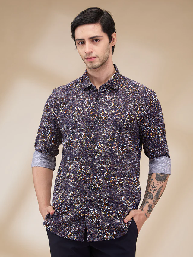 Park Avenue Men Black Printed Slim Fit Cotton Casual Shirt