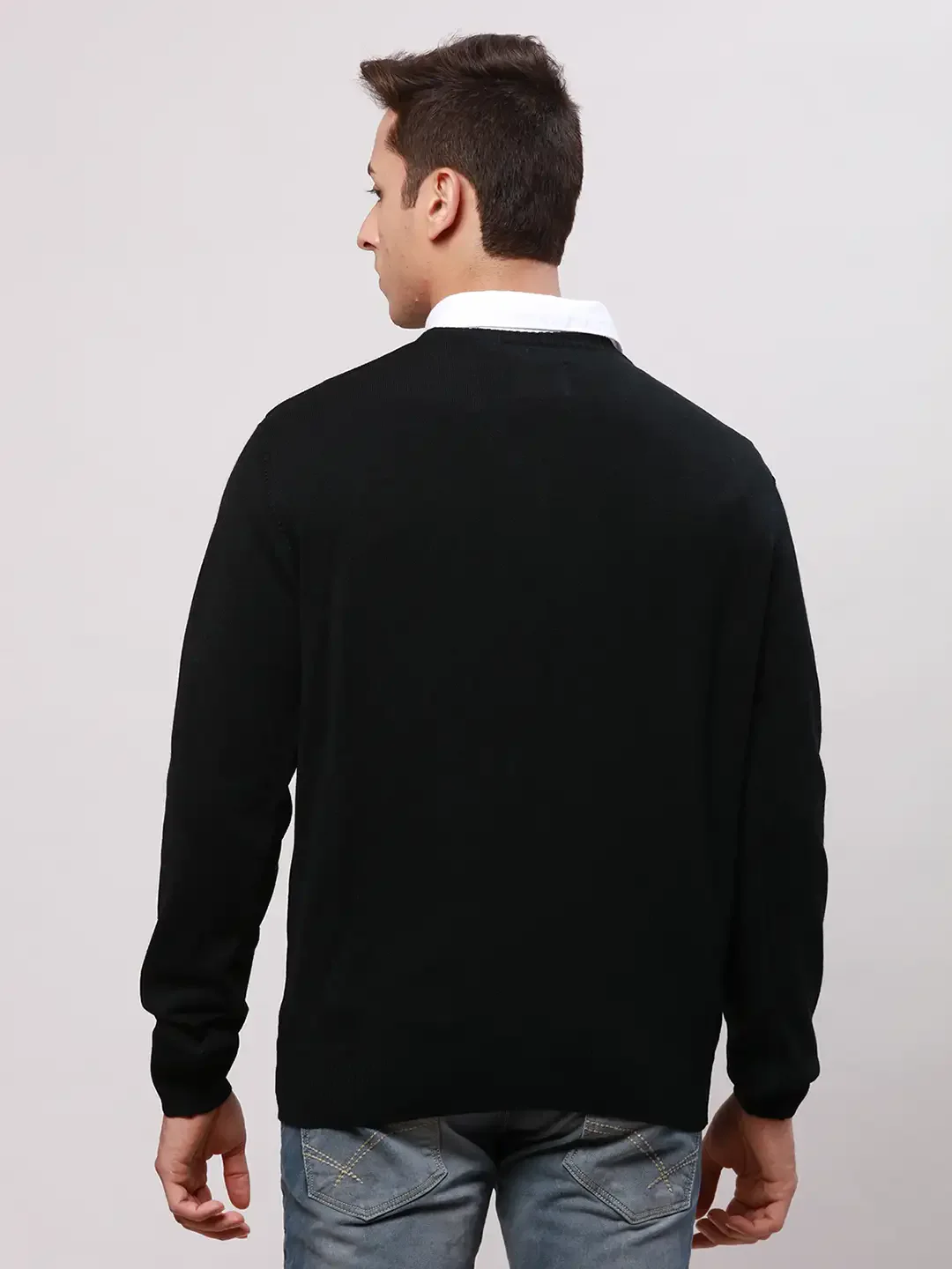 Park Avenue Men Black Regular Fit Solid Acrylic Full Sleeve V Neck Collar Pullovers - Image 4