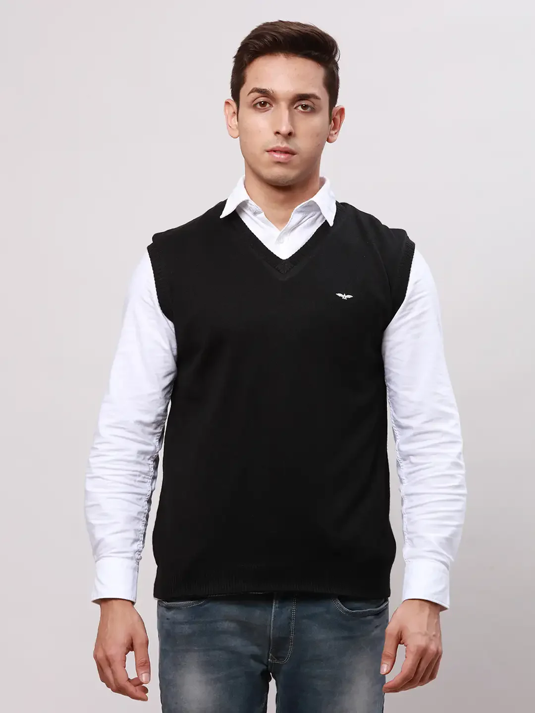 Park Avenue Men Black Regular Fit Solid Cotton Sleeveless V Neck Collar Pullovers