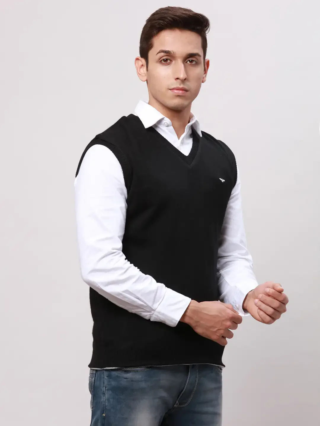 Park Avenue Men Black Regular Fit Solid Cotton Sleeveless V Neck Collar Pullovers - Image 2