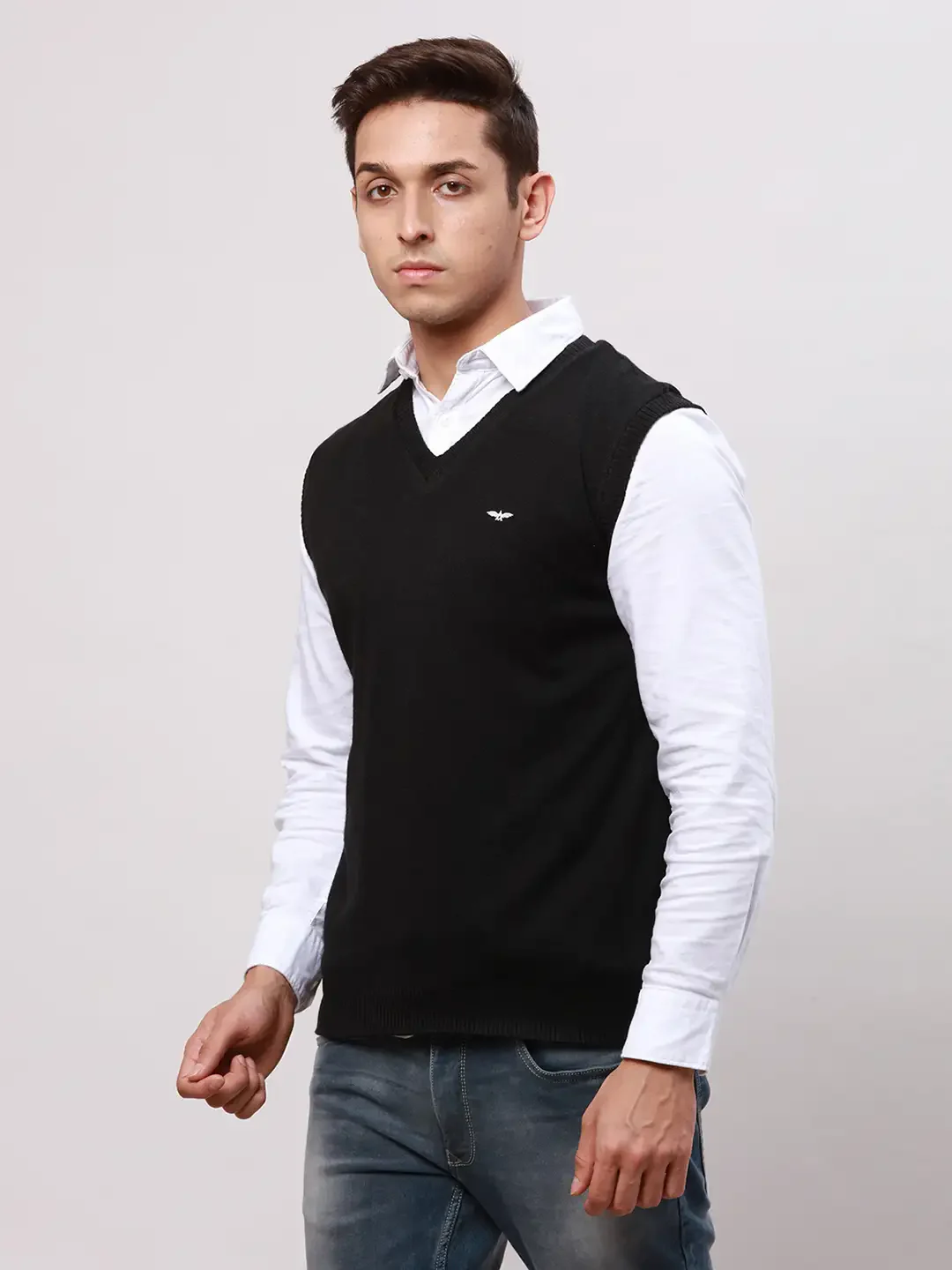 Park Avenue Men Black Regular Fit Solid Cotton Sleeveless V Neck Collar Pullovers - Image 3