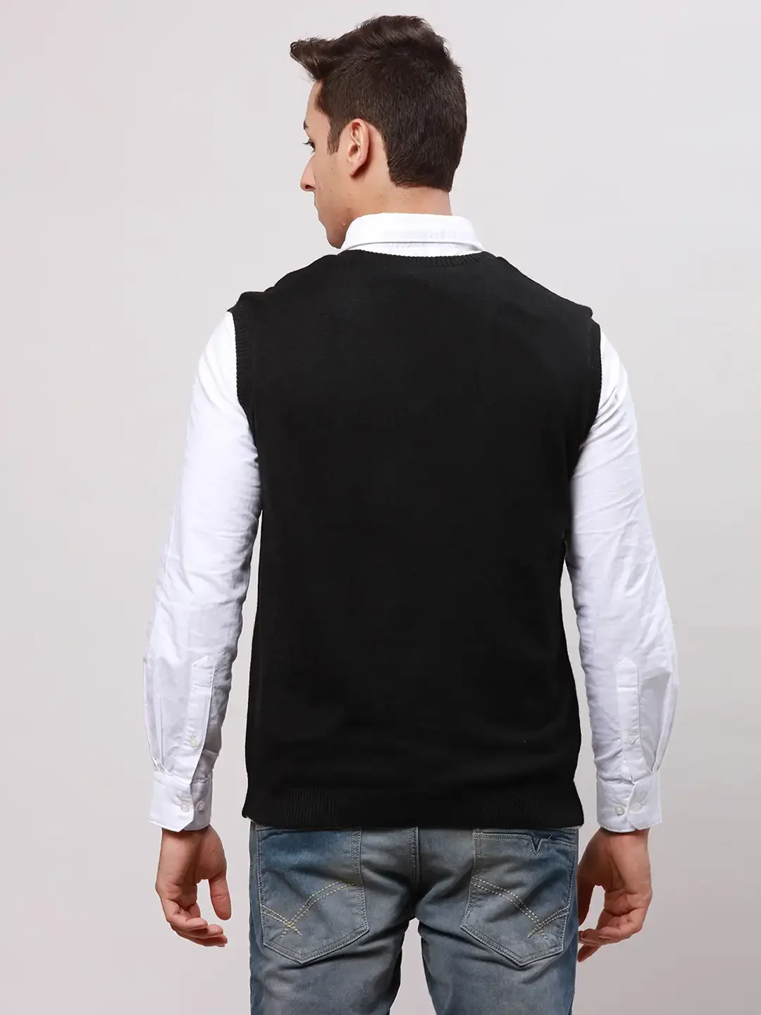 Park Avenue Men Black Regular Fit Solid Cotton Sleeveless V Neck Collar Pullovers - Image 4