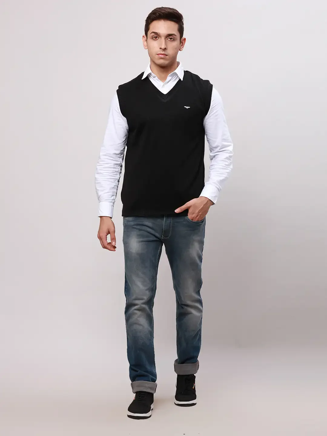 Park Avenue Men Black Regular Fit Solid Cotton Sleeveless V Neck Collar Pullovers - Image 5