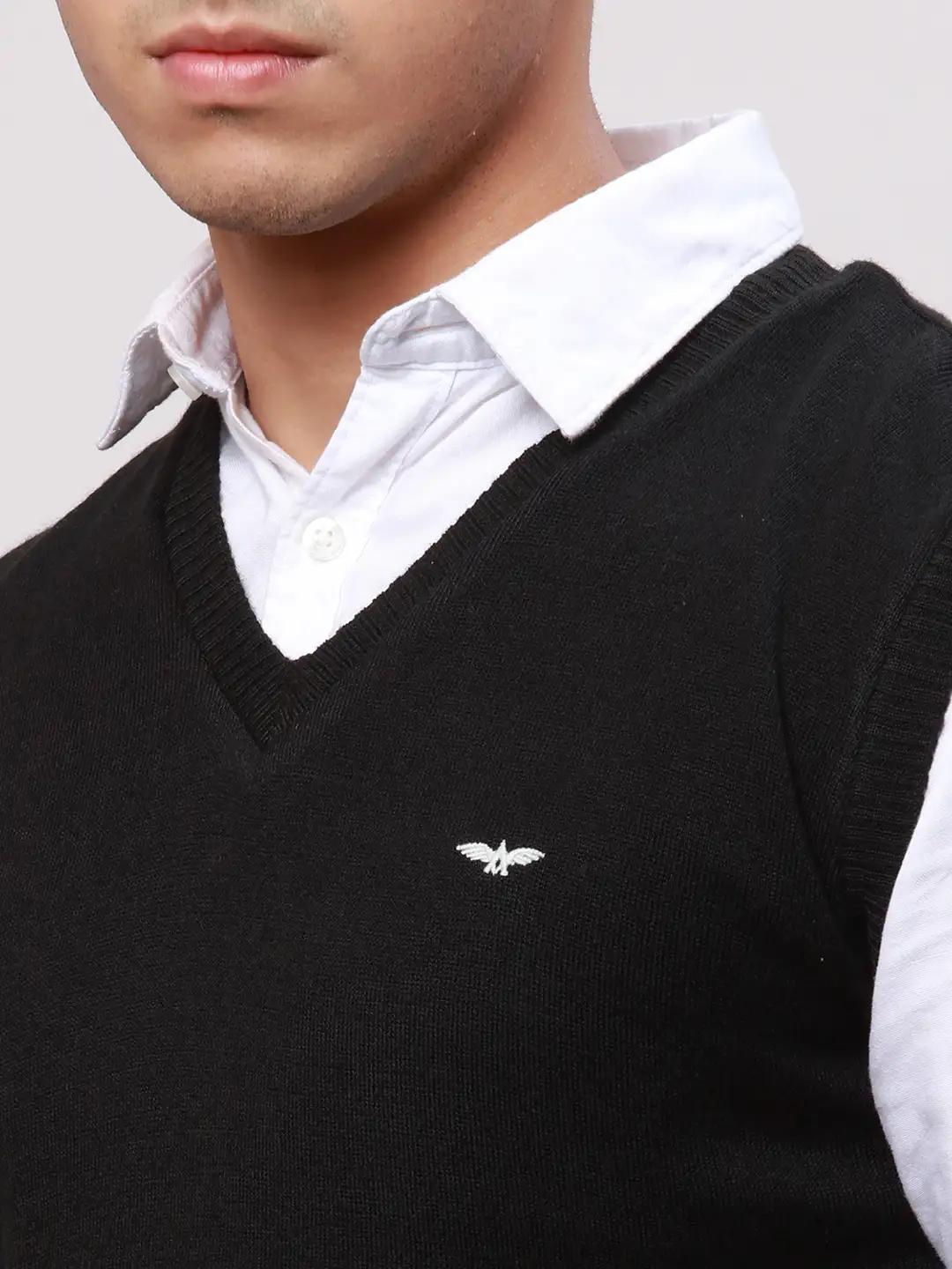 Park Avenue Men Black Regular Fit Solid Cotton Sleeveless V Neck Collar Pullovers - Image 7