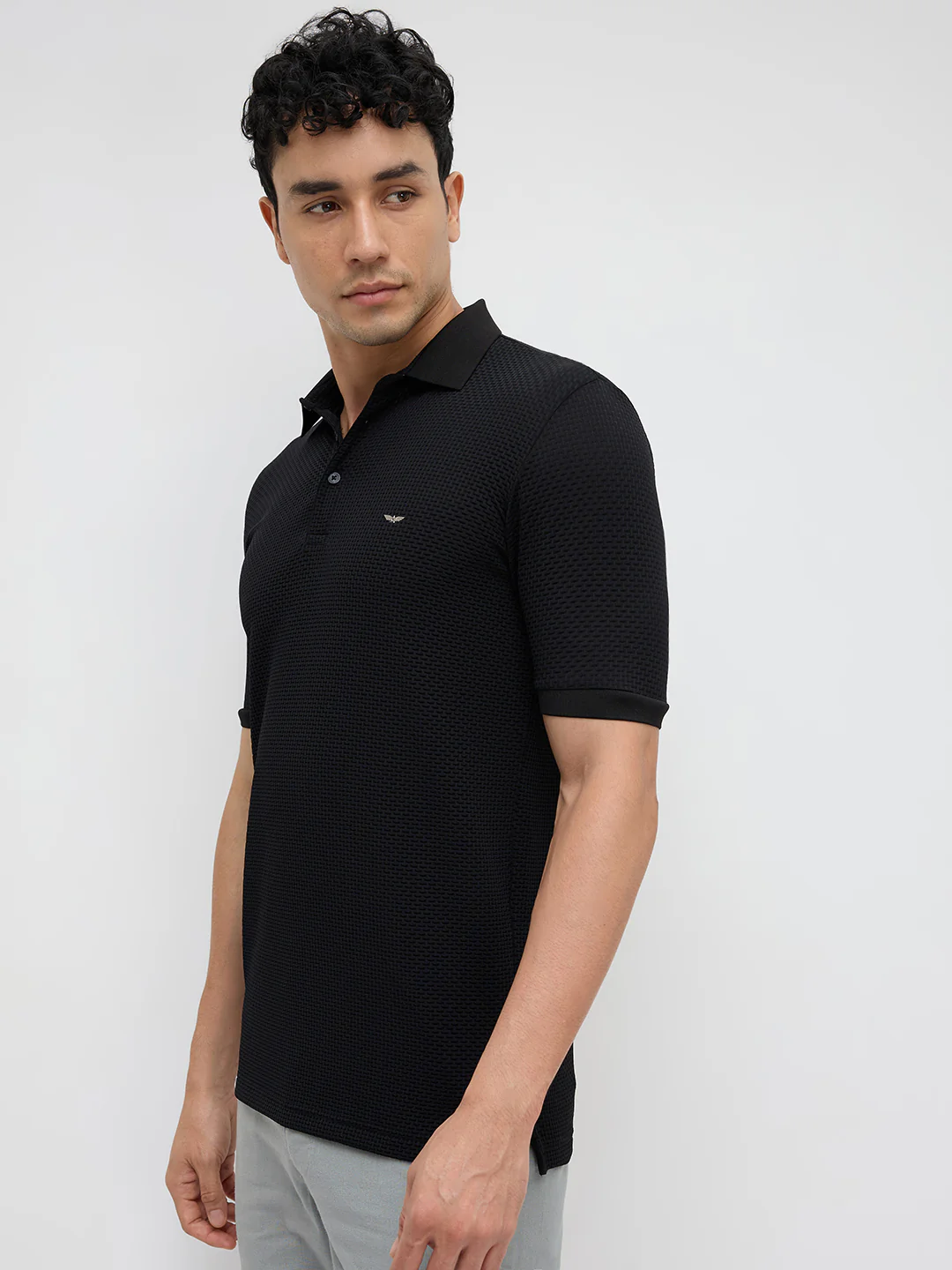 Park Avenue Men Black Slim Fit Structure Polo Neck Collar T-shirt - Image 3