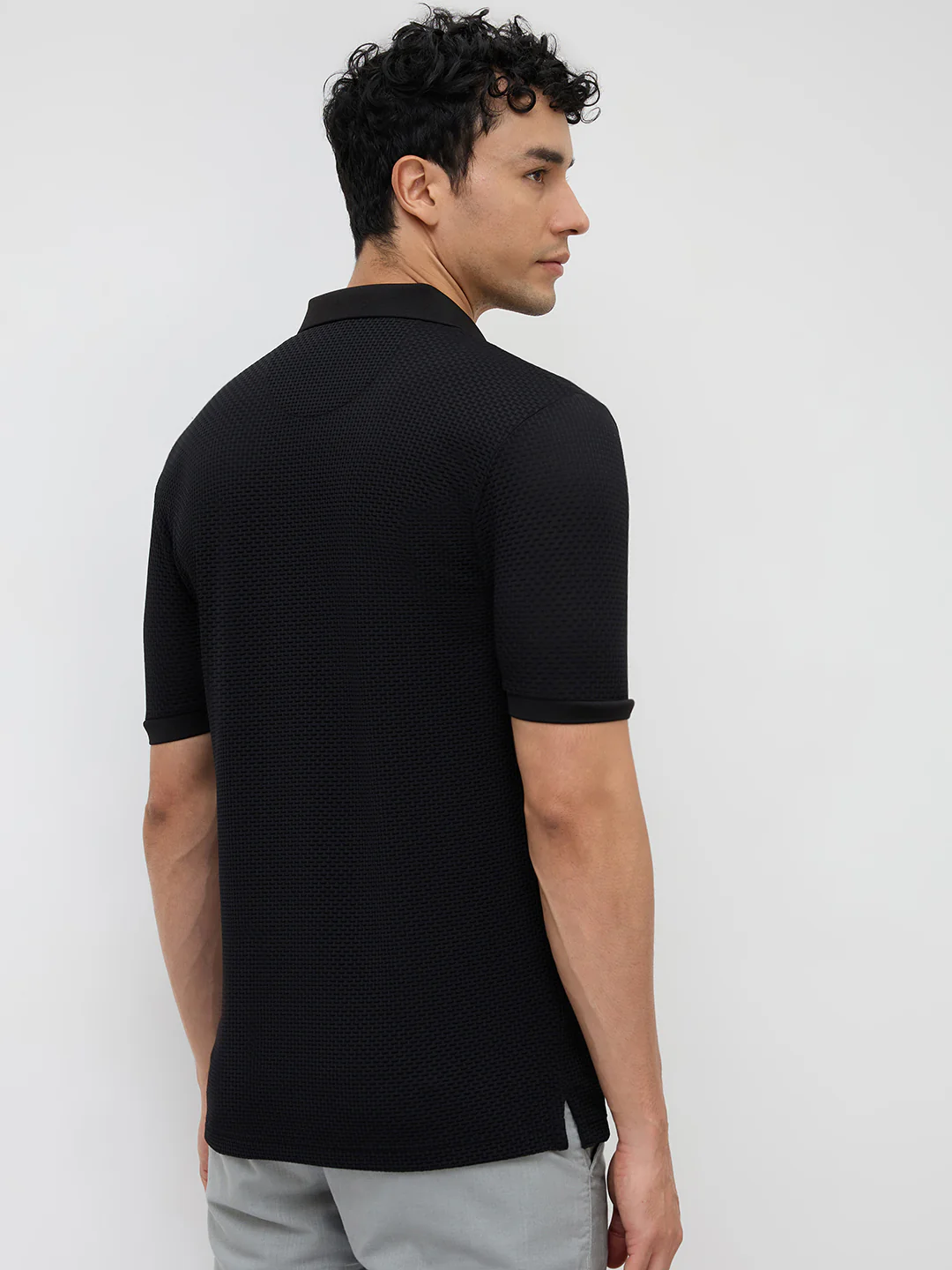 Park Avenue Men Black Slim Fit Structure Polo Neck Collar T-shirt - Image 4