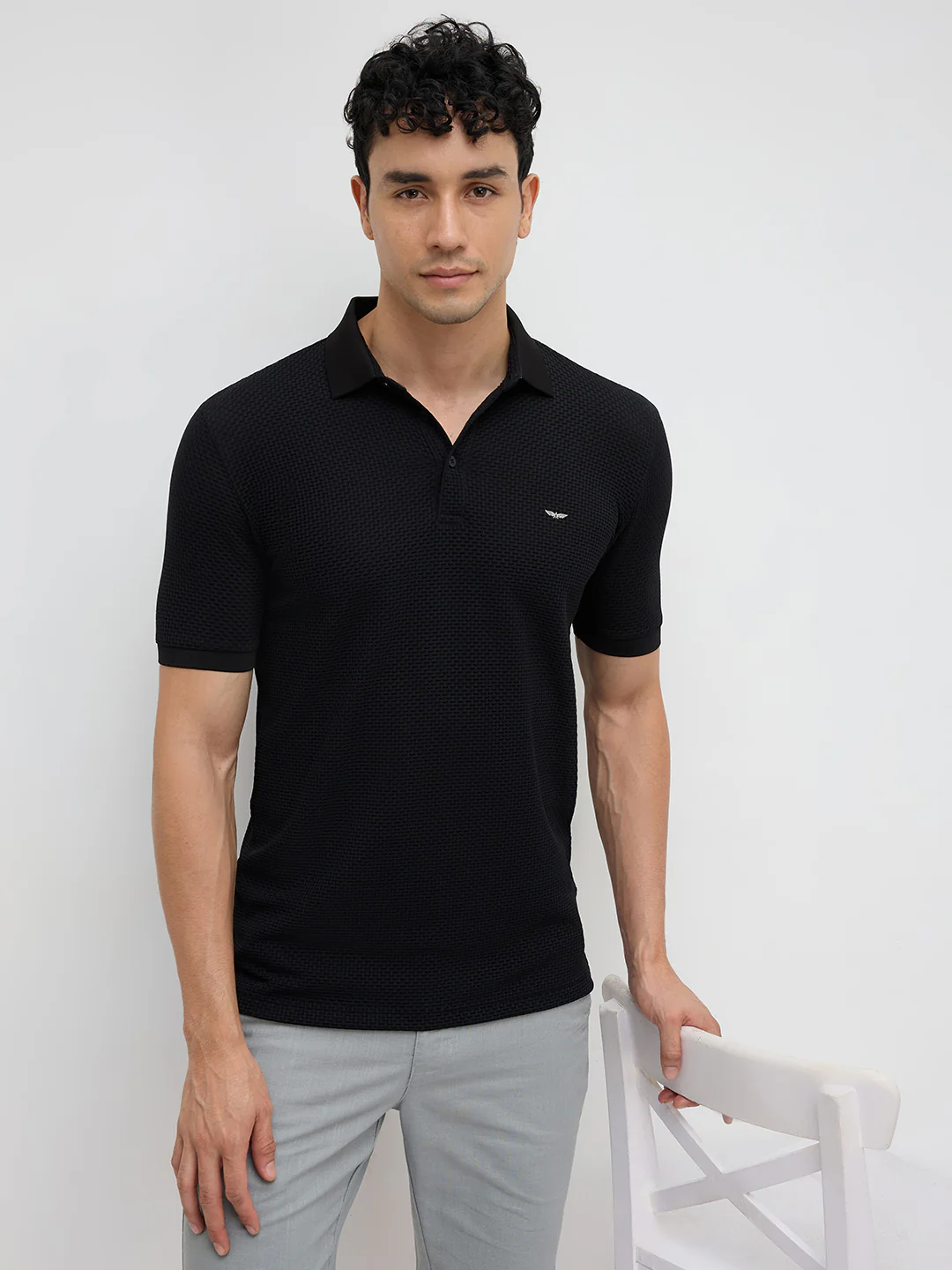 Park Avenue Men Black Slim Fit Structure Polo Neck Collar T-shirt - Image 7
