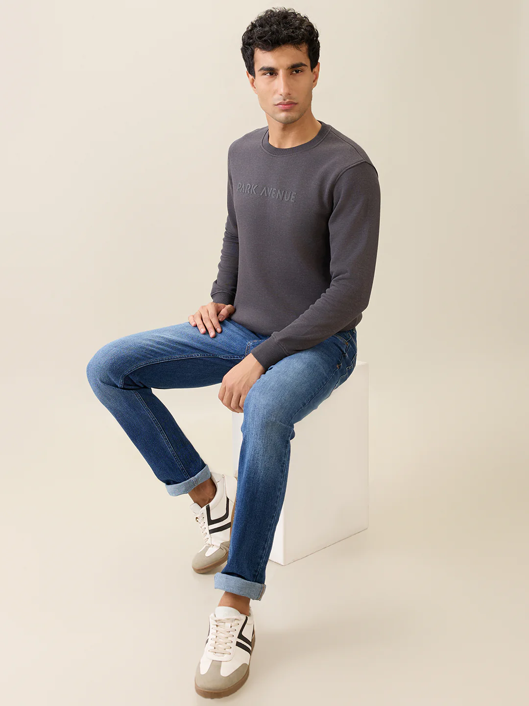 Park Avenue Men Black Solid Slim Fit Cotton Blend Round Neck Collar Sweatshirt - Image 6