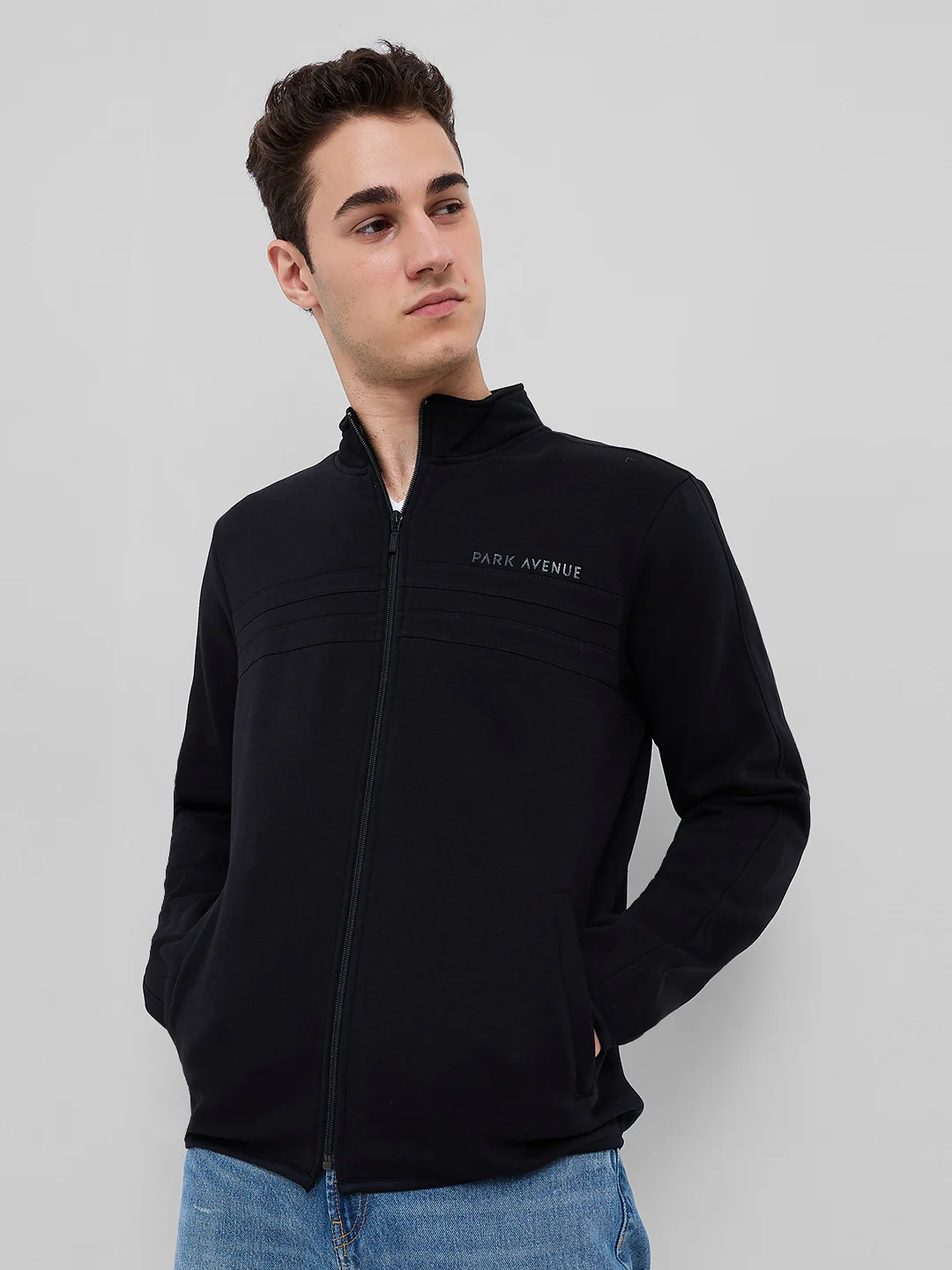 Park Avenue Men Black Solid Slim Fit Cotton Blend Sweatshirt