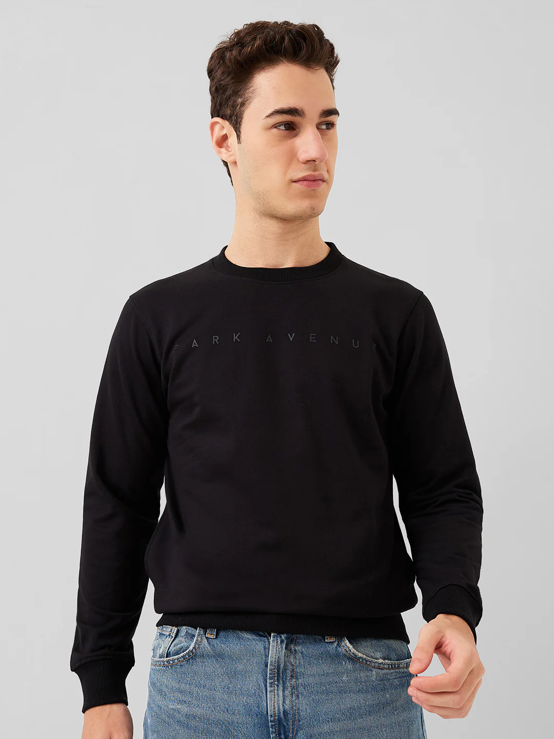 Park Avenue Men Black Solid Slim Fit Cotton Blend Sweatshirt