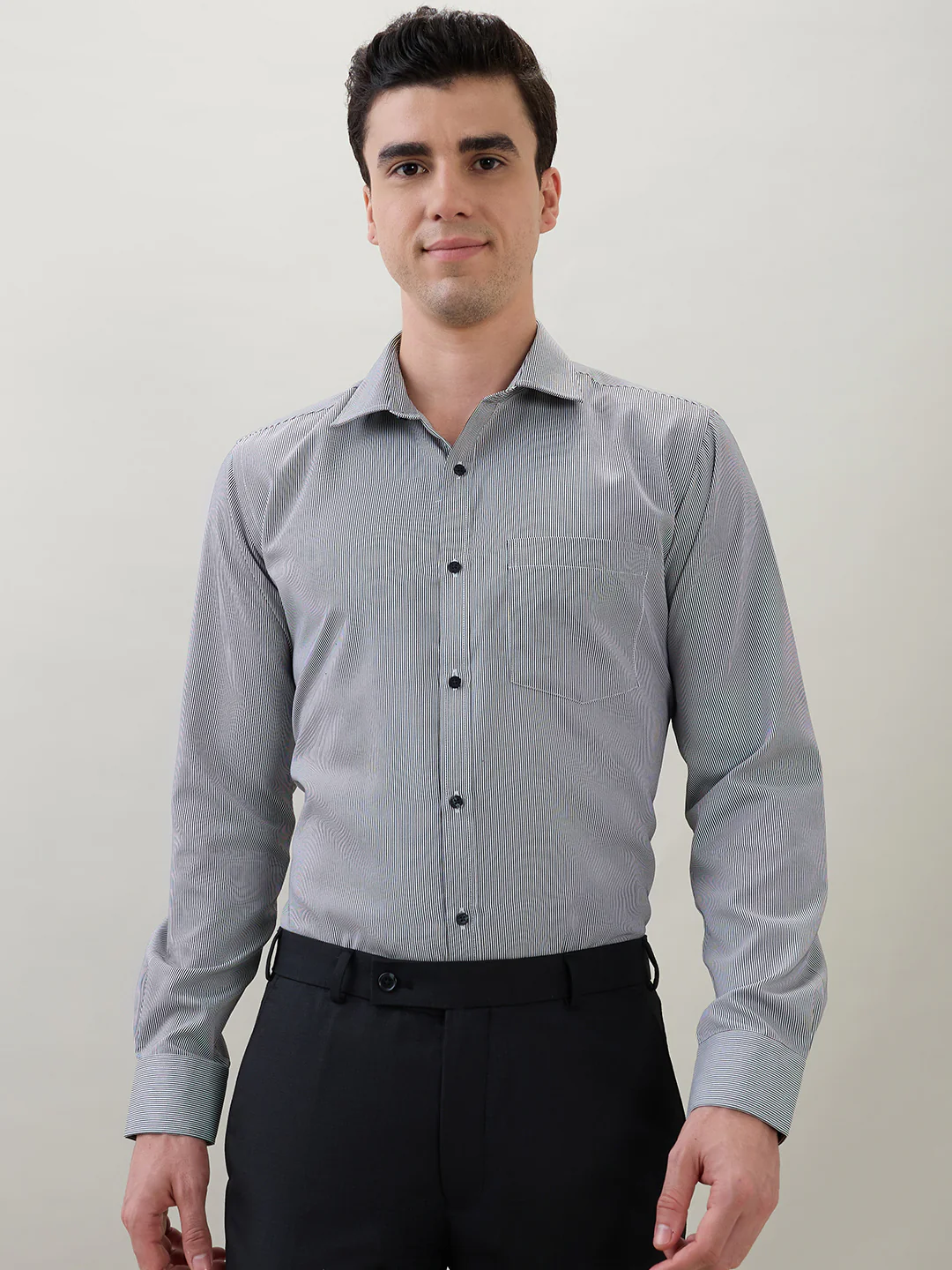 Park Avenue Men Black Stripe Slim Fit Cotton Blend Formal Shirt