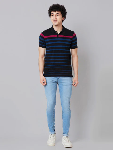 Park Avenue Men Black Stripe Slim Fit Cotton Blend T-Shirt - Image 5