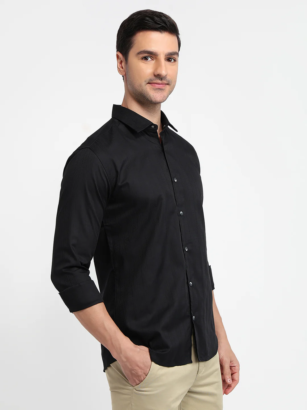 Park Avenue Men Black Stripe Slim Fit Cotton Shirt - Image 3