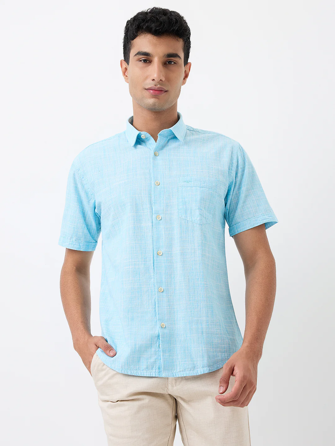 Park Avenue Men Blue Chambray Slim Fit Cotton Blend Shirt