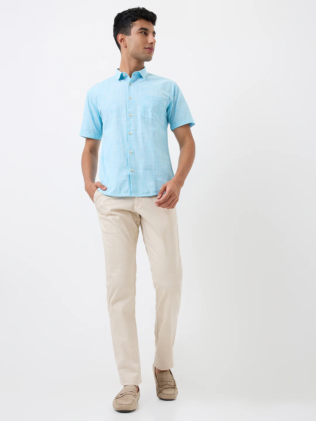 Park Avenue Men Blue Chambray Slim Fit Cotton Blend Shirt - Image 5