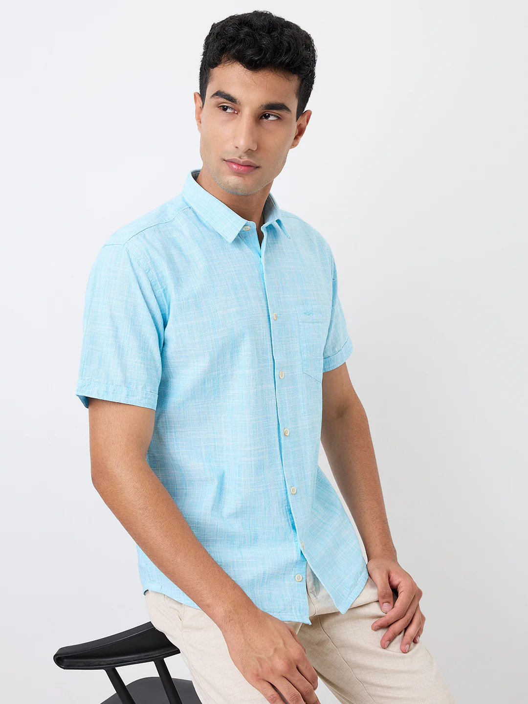 Park Avenue Men Blue Chambray Slim Fit Cotton Blend Shirt - Image 6