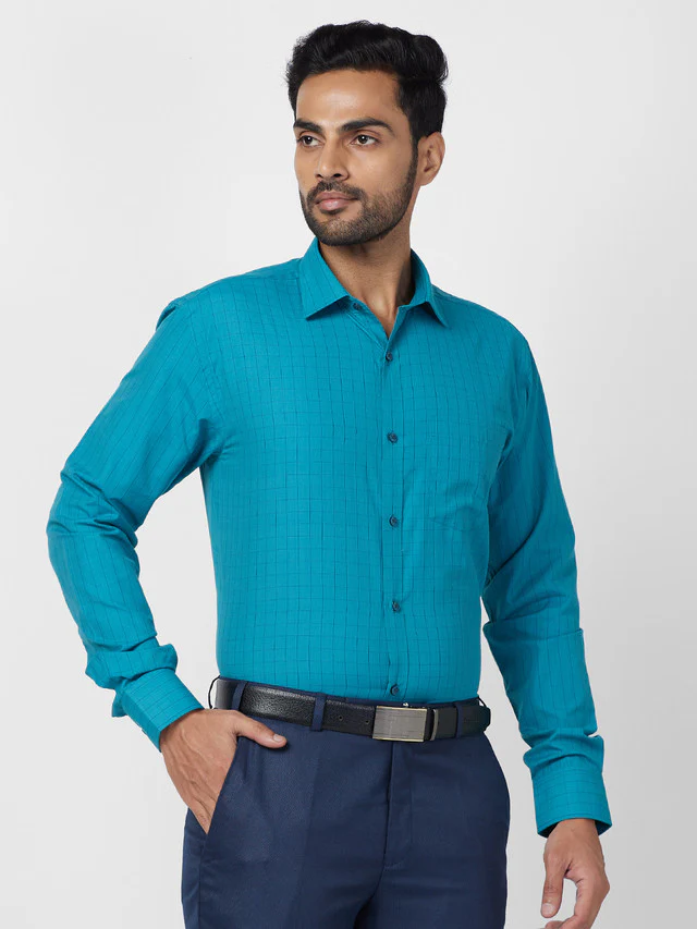 Park Avenue Men Blue Checkered Slim Fit Full Sleeve Semi Cut Away Collar Shirt - Image 2