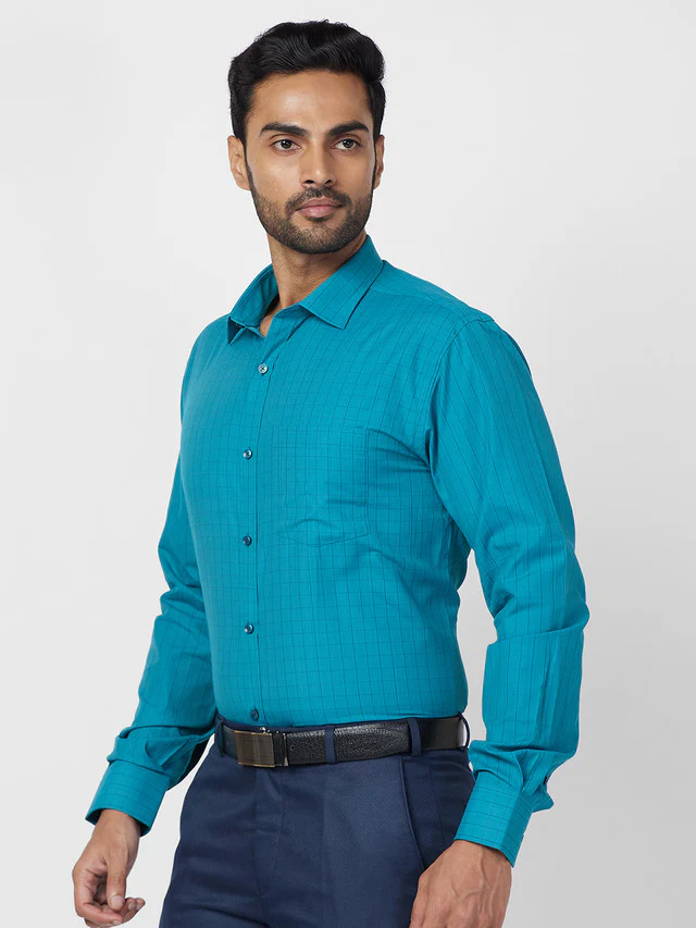 Park Avenue Men Blue Checkered Slim Fit Full Sleeve Semi Cut Away Collar Shirt - Image 3