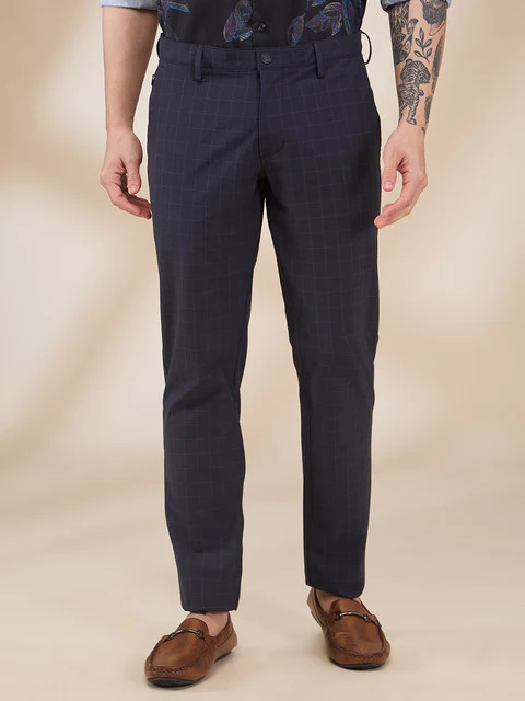 Park Avenue Men Blue Checks Commutech Fit Polyester Blend Trouser