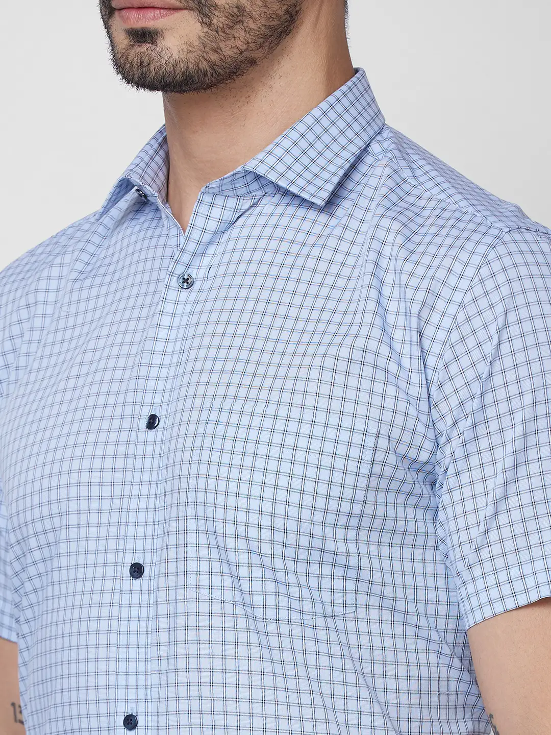 Park Avenue Men Blue Checks Regular Fit Cotton Half Sleeve Ainsley Collar Shirt - Image 6