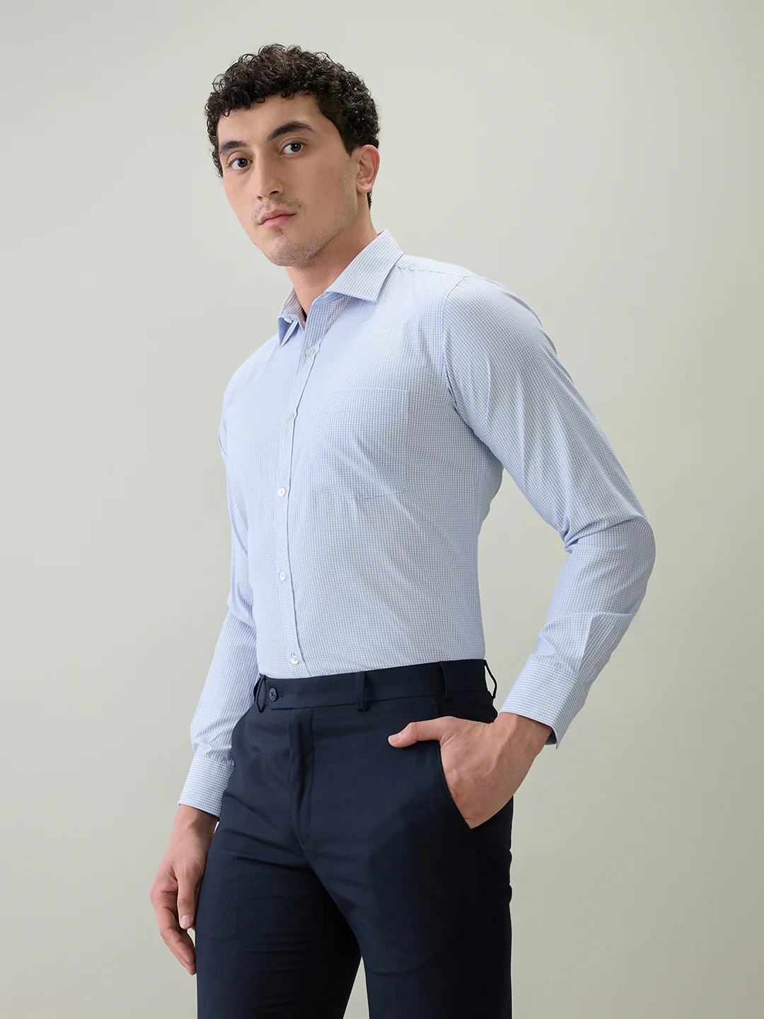 Park Avenue Men Blue Checks Slim Fit Cotton Blend Formal Shirt - Image 2