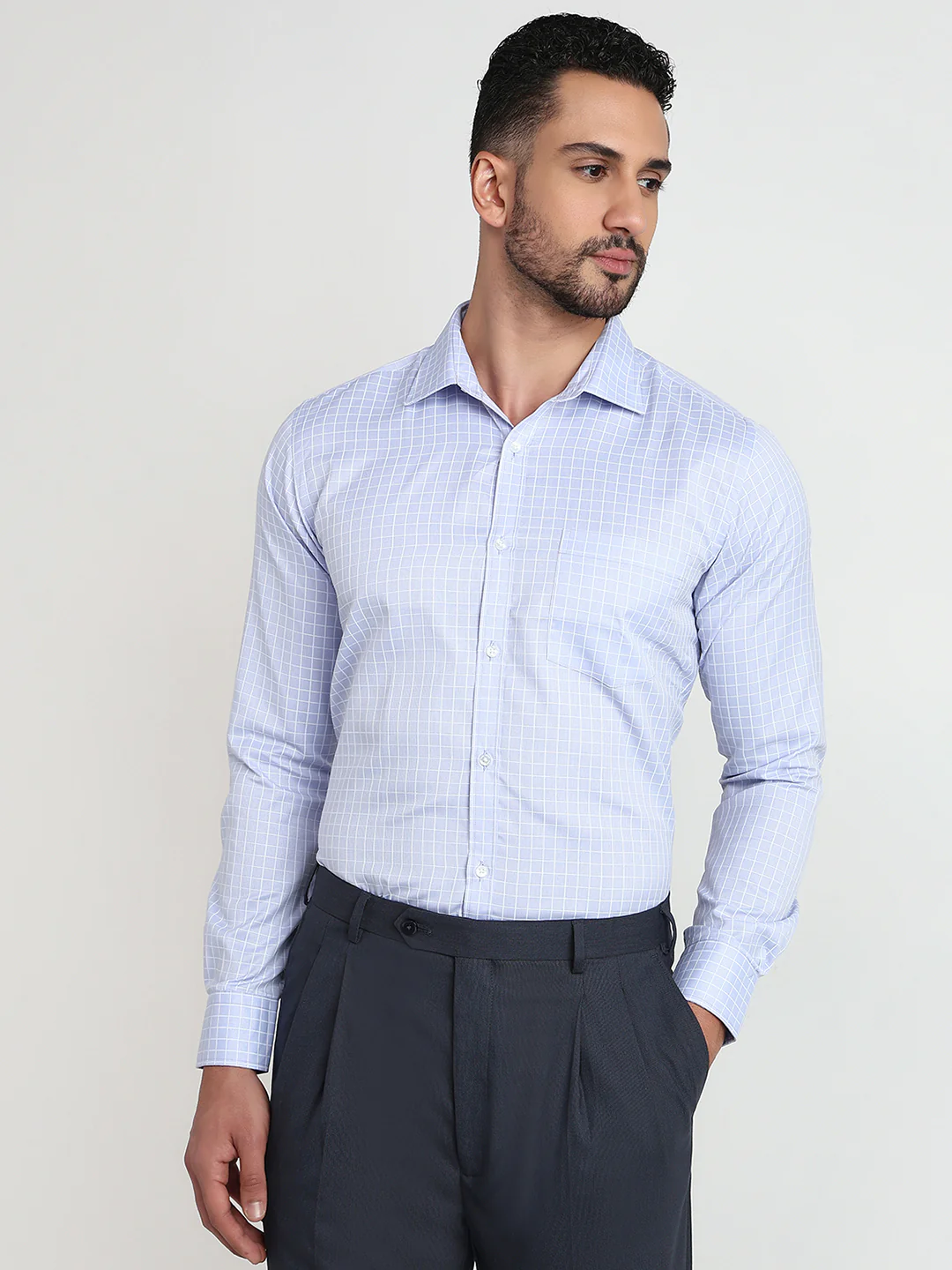 Park Avenue Men Blue Checks Slim Fit Cotton Blend Formal Shirt