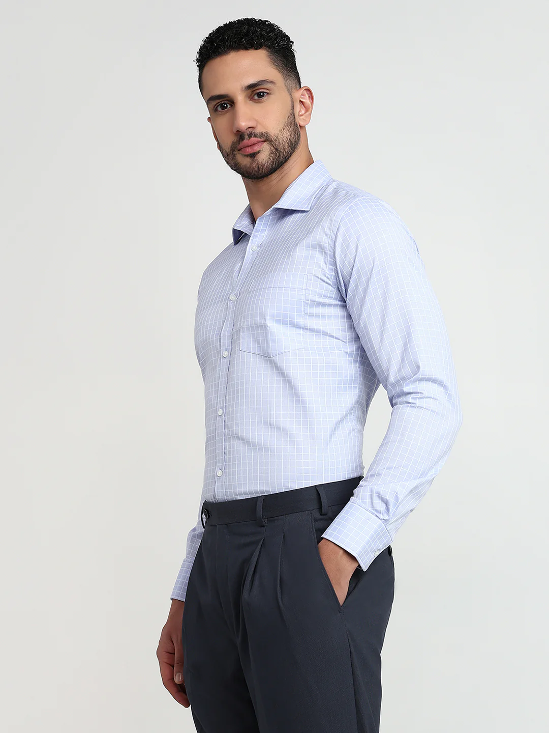 Park Avenue Men Blue Checks Slim Fit Cotton Blend Formal Shirt - Image 2