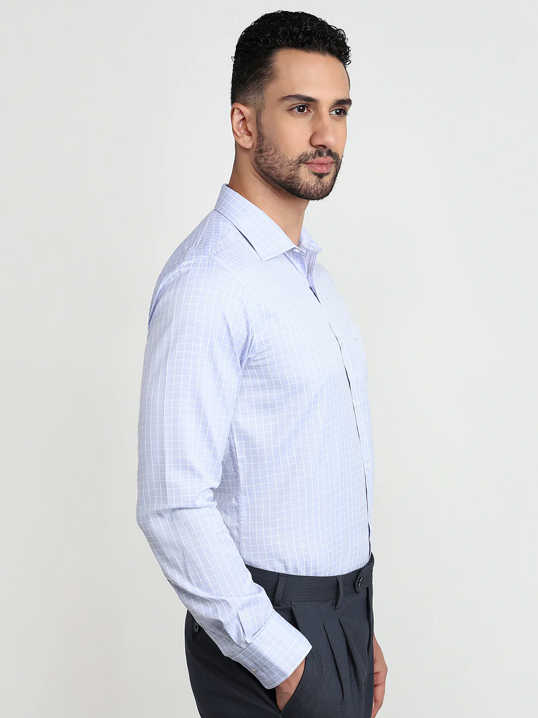 Park Avenue Men Blue Checks Slim Fit Cotton Blend Formal Shirt - Image 3