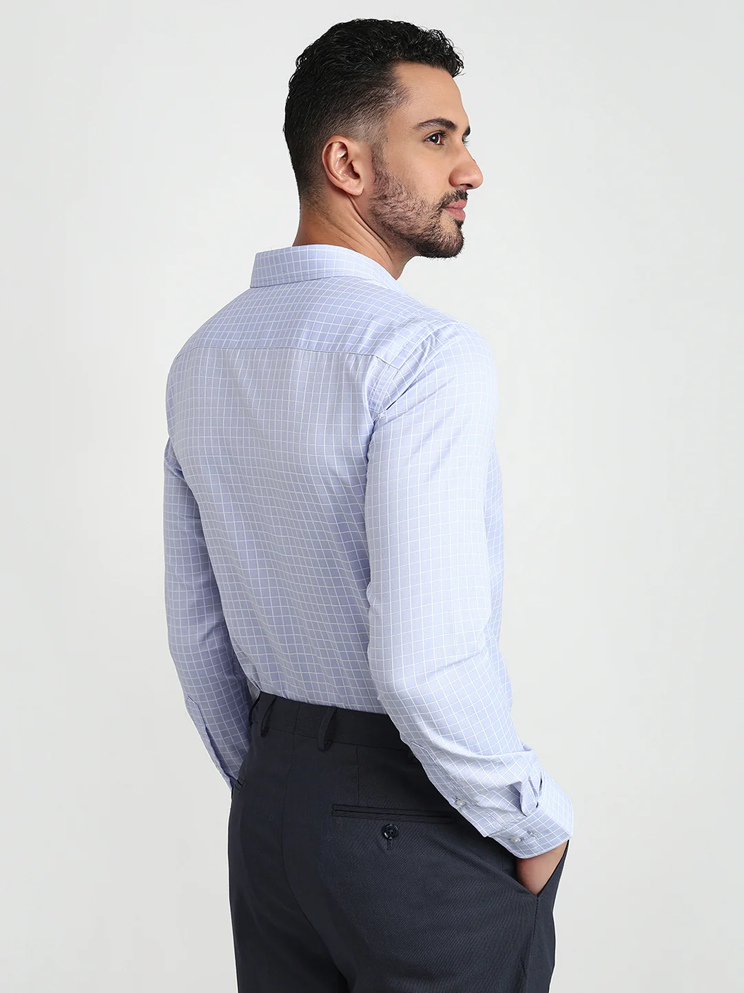 Park Avenue Men Blue Checks Slim Fit Cotton Blend Formal Shirt - Image 4