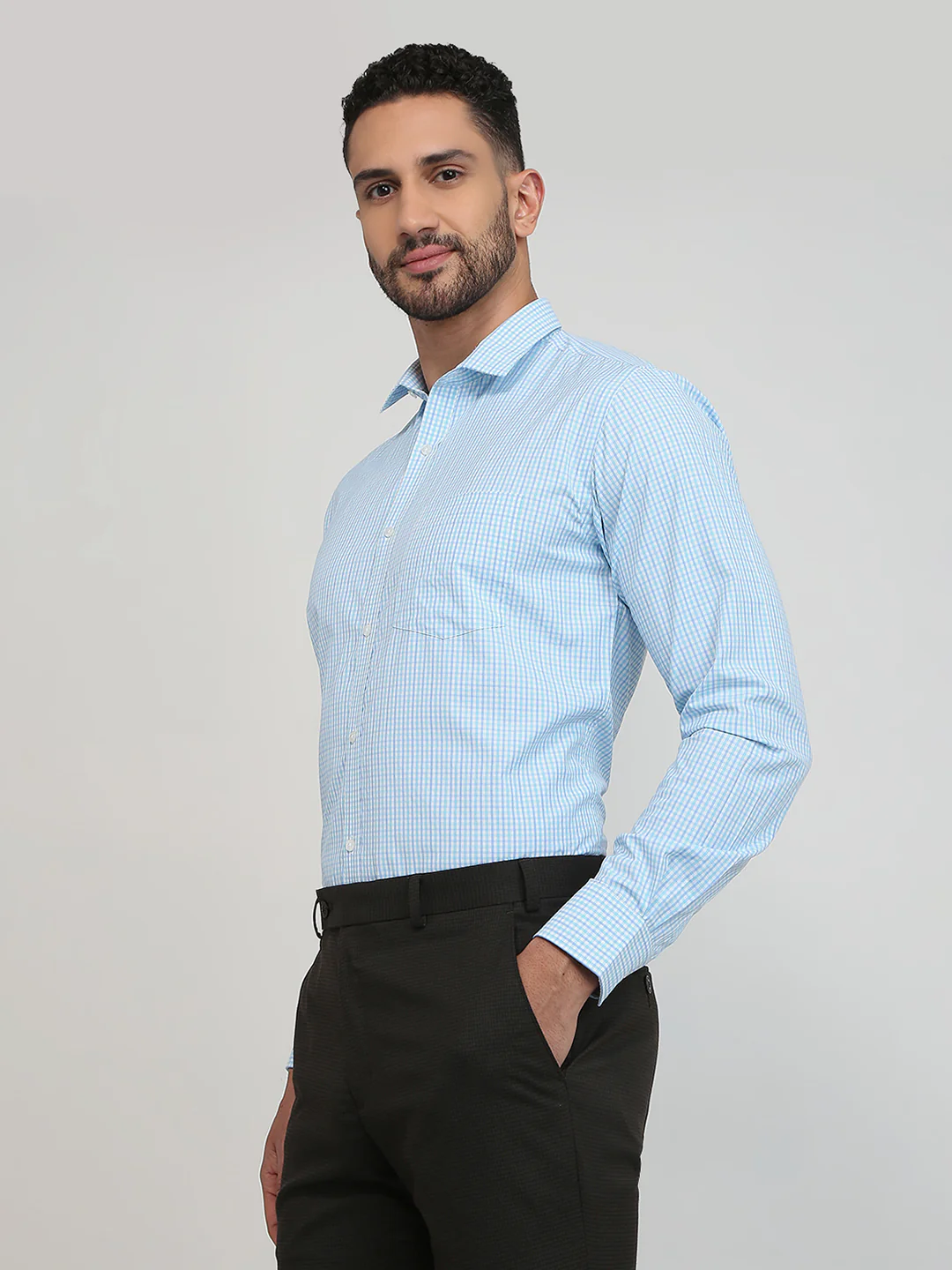 Park Avenue Men Blue Checks Slim Fit Cotton Blend Formal Shirt - Image 2
