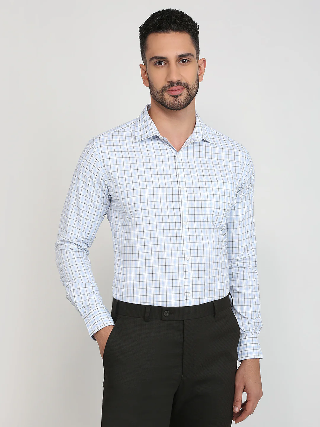 Park Avenue Men Blue Checks Slim Fit Cotton Blend Formal Shirt