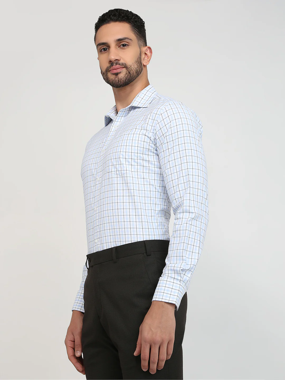 Park Avenue Men Blue Checks Slim Fit Cotton Blend Formal Shirt - Image 2