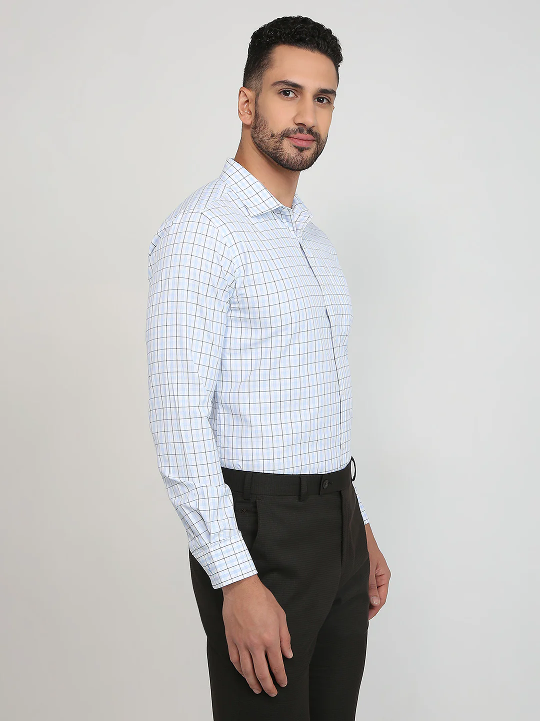 Park Avenue Men Blue Checks Slim Fit Cotton Blend Formal Shirt - Image 3