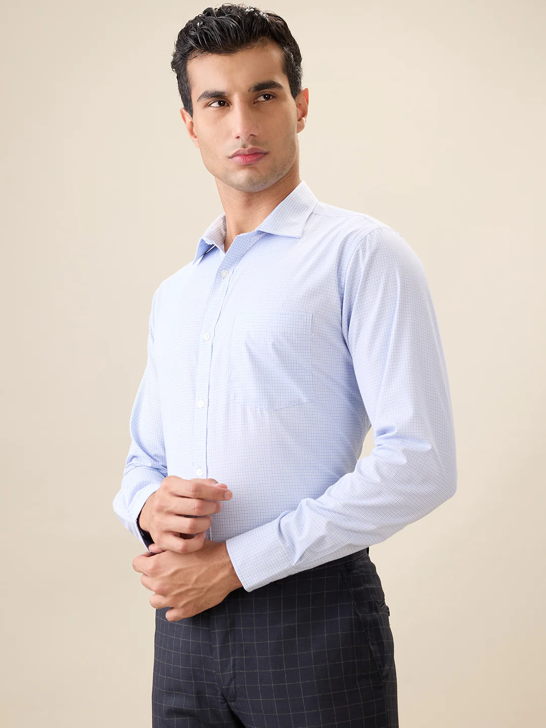 Park Avenue Men Blue Checks Slim Fit Cotton Blend Full Sleeve Formal Shirt - Image 3