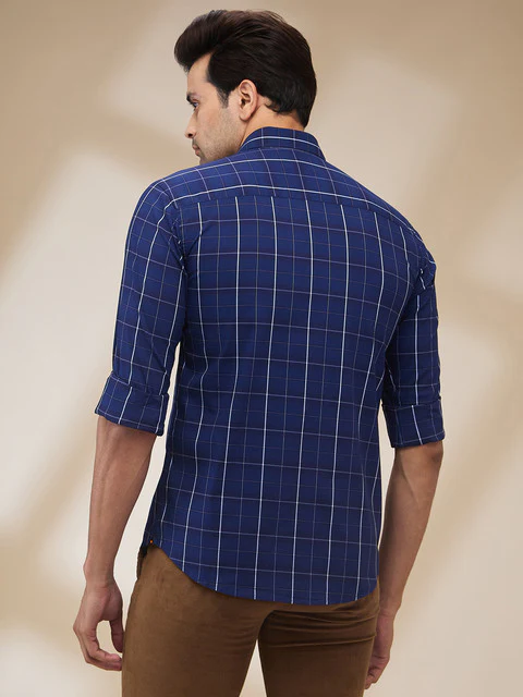 Park Avenue Men Blue Checks Slim Fit Cotton Blend Shirt - Image 4