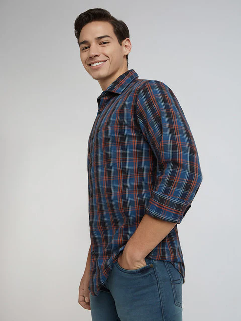 Park Avenue Men Blue Checks Slim Fit Cotton Blend Shirt - Image 3