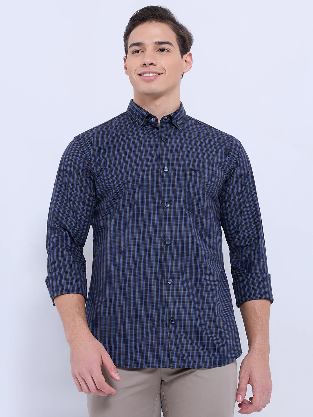 Park Avenue Men Blue Checks Slim Fit Cotton Casual Shirt - Image 2