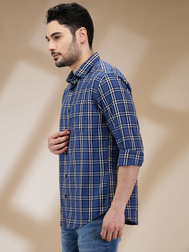 Park Avenue Men Blue Checks Slim Fit Cotton Casual Shirt - Image 3
