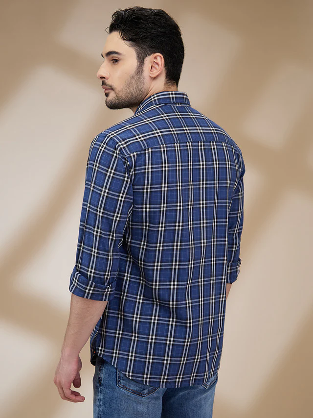 Park Avenue Men Blue Checks Slim Fit Cotton Casual Shirt - Image 4