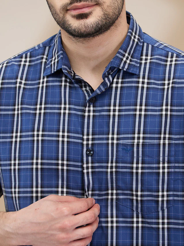 Park Avenue Men Blue Checks Slim Fit Cotton Casual Shirt - Image 5